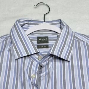 Armani Collezioni Shirt Men's 16.5 Large Slim Fit Blue Striped Stretch Cotton